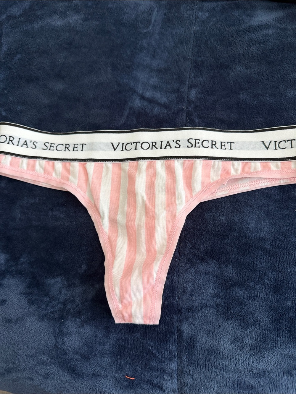 Victoria's Secret Pink and White Striped Thong with Logo Waistband